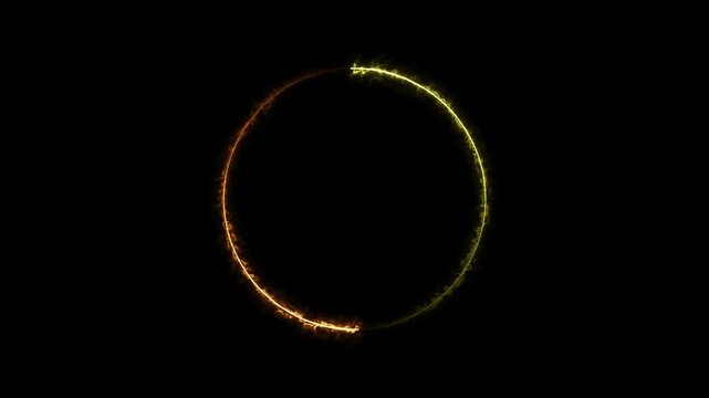 Futuristic energy circle loading icon with glowing orange and green neon lights on black background.