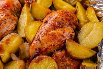 Chicken breast baked with potatoes and vegetables in foil