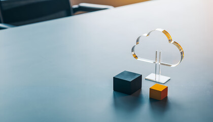 Cloud Computing Concept with Transparent Cloud Icon and Data Blocks on Blue Desk with Copy Space