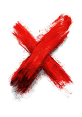 Bold red X formed by textured paint strokes