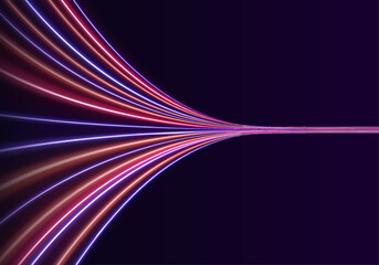 Neon laser lines ripple along a night city road. Glowing wave trails, energy swirls, and motion lines highlight futuristic speed and traffic movement. Vector illustration.