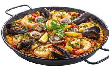Seafood paella in a black pan.  Fresh seafood, rice, and vegetables