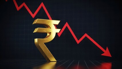 A gold rupee symbol standing in front of a downward trending red line graph on a dark background