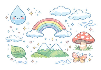 Whimsical cartoon nature with rainbow, smiling raindrop, and mushroom