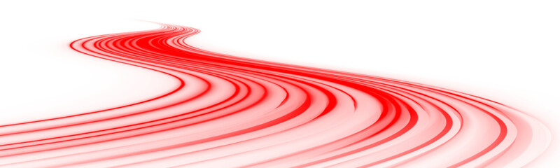 Futuristic red neon laser streaks move across city highways. Motion lines, glowing energy waves, and trail swirls illustrate dynamic traffic flow and speed. Vector illustration PNG. © ikril