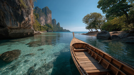Scenic Kayak Ride: A tranquil kayak floats on crystal clear turquoise waters, navigating a secluded bay framed by towering cliffs and lush greenery, under a radiant sky.