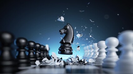 3d animation, chess game aggressive move, black horse brakes through the chessboard, knight chess piece attacks. Business planning, strategy concept - Powered by Adobe