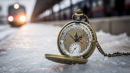 Vintage pocket watch lies on a snowy train platform, a blurred train approaching in the background. Ideal for winter travel campaigns, New Year's reflections on time, historical journey narratives,