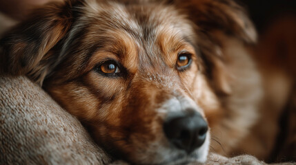 Loyal Companion's Gaze: A close-up portrait of a domestic dog gazing with unwavering loyalty and depth of feeling, the warm glow of the light emphasizing its attentive eyes.