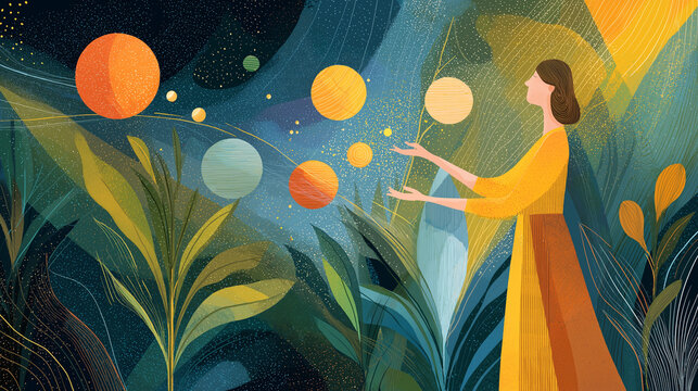 Enchanting Harmony: A woman, surrounded by abstract spheres and lush flora, finds herself in a world of balance and serenity, a symbol of inner peace.