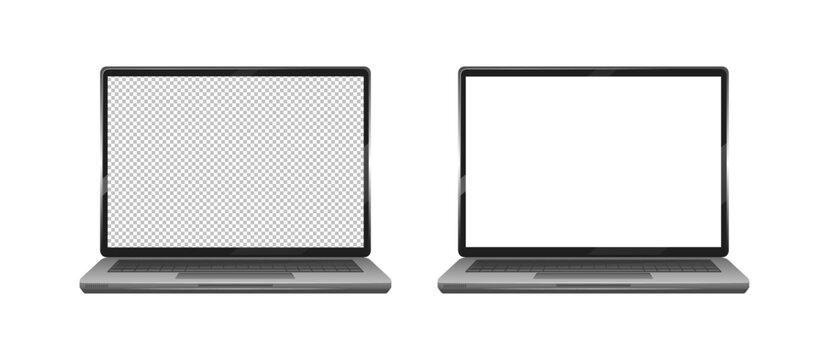 Two modern laptops side by side, one with transparent screen mockup and one with white screen mockup, isolated on