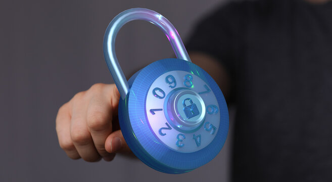 A close-up view of a hand holding an illuminated digital padlock, symbolizing data security and internet privac - Powered by Adobe