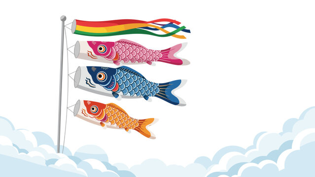 Traditional Japanese carp streamers or koinobori flying against a clear blue sky with fluffy white clouds for Childrens Day.