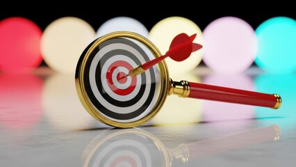 A dartboard with a red dart hitting the bullseye, surrounded by colorful glowing orbs on a reflective surface