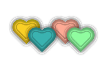 Set of Four Colorful 3D Glassmorphism Hearts Isolated on Transparent Background. Modern Soft Matte Romantic Symbols for Valentine Concept.