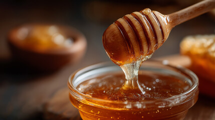 Golden Elixir: Close-up of honey in a glass bowl with a wooden dipper, showcasing the natural sweetness of this golden nectar and its culinary versatility.