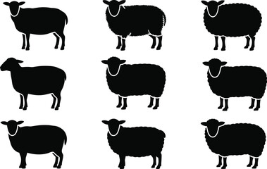 Set of 9 sheep silhouette icons with varied wool textures and shapes, ideal for farming, breed, and textile designs. © Sihab Creatives
