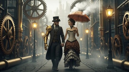 Steampunk couple strolls through a gear-laden Victorian city under a misty sky, perfect for fantasy book covers, themed party invitations, romantic designs, or creative projects.