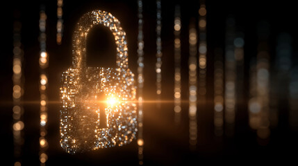 Digital Fortress: A stunning portrayal of security, showcasing a radiant padlock formed by shimmering particles, representing robust protection and digital safety.