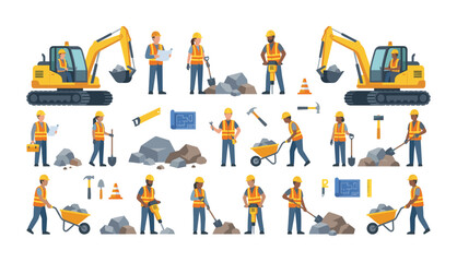 Building and construction workers operating machinery and tools