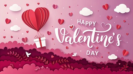 Happy Valentine's Day greeting card with paper cut style heart shaped hot air balloon and gift box in pink sky