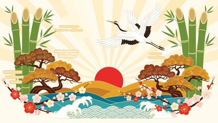 Naklejka premium Stunning Japanese landscape featuring a flying crane, a red sunrise over golden hills, pine trees, and bamboo.