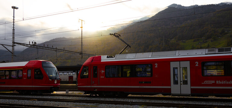 landquart, graubuenden, switzerland - 02 11 2022: rhb trains of switzerland panorama