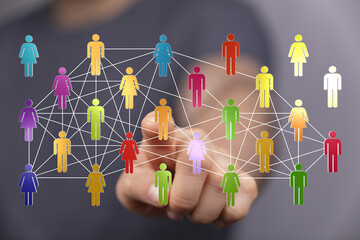 Concept of teamwork and communication in business, digital, or social environment. Group of people...