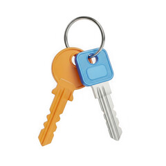 Two keys attached to a keyring, one orange and one silver with blue tag, isolated on transparent background