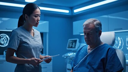 Medical professionals collaborating in high-tech hospital environment for