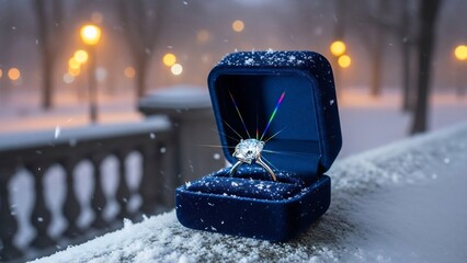 Sparkling diamond engagement ring in a luxurious blue box on fresh snow, perfect for winter proposal announcements, holiday jewelry advertising, romantic Valentine's Day campaigns,