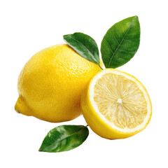 Fresh lemon and half lemon, bright yellow citrus fruit with vibrant green leaves
