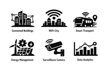 Naklejka premium Smart city infrastructure icons featuring wifi, transport, energy, surveillance, and data analytics