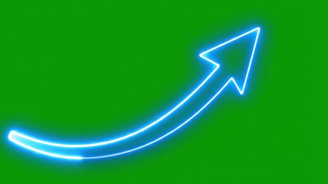 A neon blue arrow points upward in a green video background