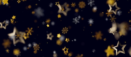 Festive abstract background with gold stars and snowflakes, perfect for Christmas or winter designs. Elegant and dreamy.