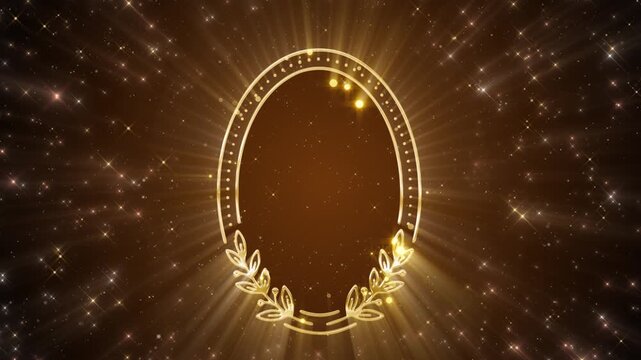 Elegant golden oval frame featuring double borders and laurel wreath embellishments at the bottom on a sparkling starry background perfect for luxury awards wedding invitations and premium event intro