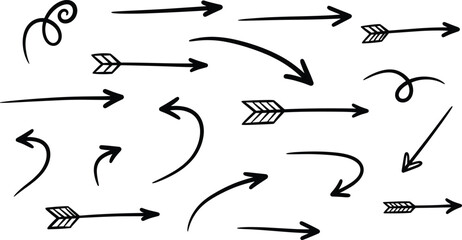 Hand-drawn arrow collection featuring curved, straight, doodle, sketchy, and decorative directional elements for notes and design accents