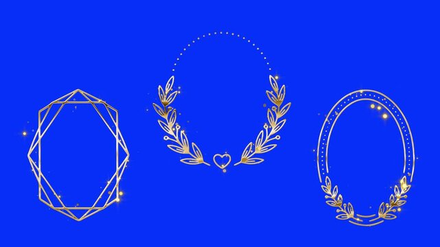 Golden laurel frames in hexagon heart circle and oval variants ideal for wedding invitations certificates achievement badges luxury place cards romantic save the date designs and premium awards