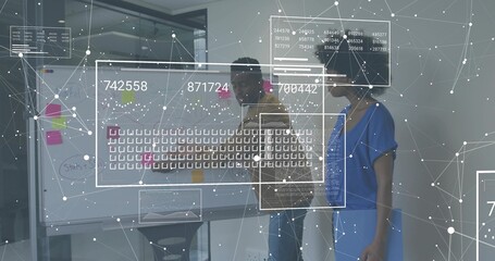 Pointing colleagues discussing plan in conference room with board, AR overlay, shirt and blue dress