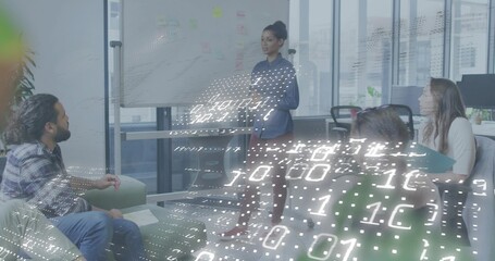 Presenting woman wearing button-down shirt pointing at whiteboard notes in office, binary overlay