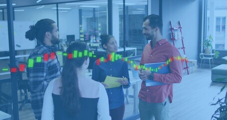 Meeting team of five in casual attire in glass room holding yellow or blue folders candlestick overl