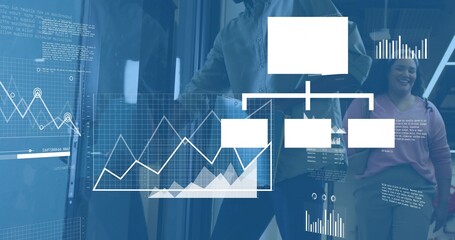 Displaying translucent dashboards on office glass showing line chart and flowchart man in button-up