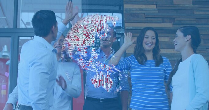 High-fiving five coworkers in modern office, wearing white and blue shirts, with holographic globe - Powered by Adobe
