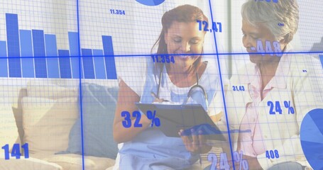 Writing nurse in light blue scrubs noting clipboard while patient watching on couch, data overlay