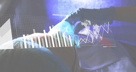 Examining clinician placing gloved hand on woman's abdomen at clinic, with gown, bed, AR overlays