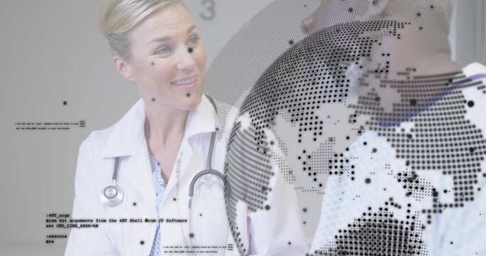 Talking female doctor consulting colleague in clinic, in lab coats with stethoscopes and data globe - Powered by Adobe