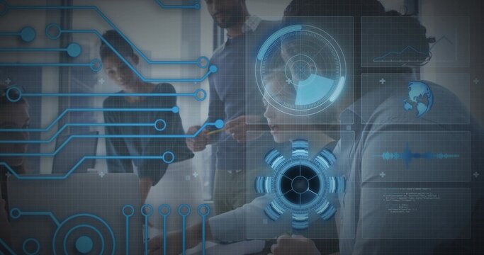 Collaborating five tech pros wearing blazers reviewing laptop with holographic UI in modern office - Powered by Adobe