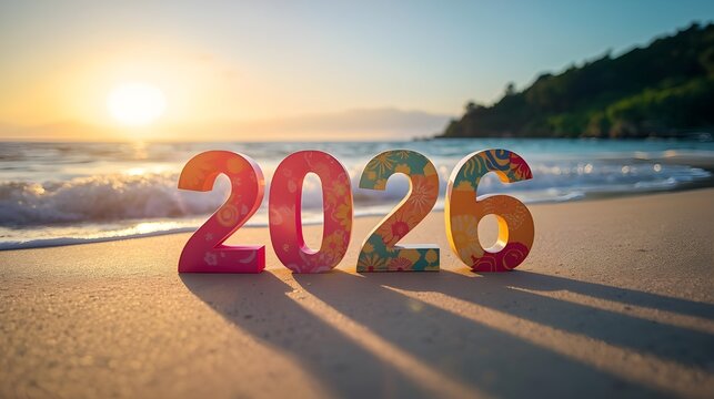 The 2026 New Year's party concept features the number 2026 on a summer beach at dusk, surrounded by gorgeous scenery and ripple waves.