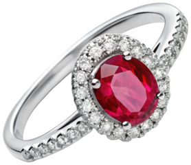 A dazzling, intricately designed engagement ring showcases a vibrant, oval-cut ruby gemstone encircled by a halo of shimmering, small, round-cut diamonds, all, isolated on transparent background.