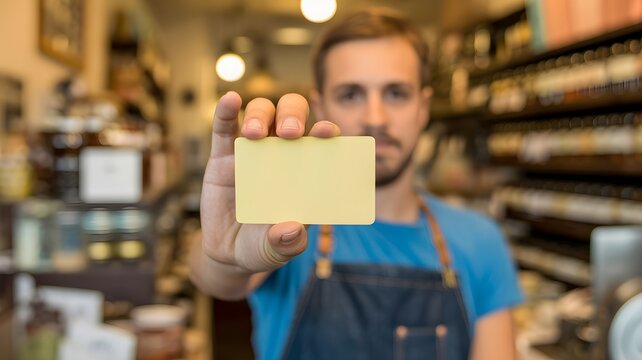 Small business owner holding a blank card in shop, symbolizing credit line approval, business financing access and payment flexibility.